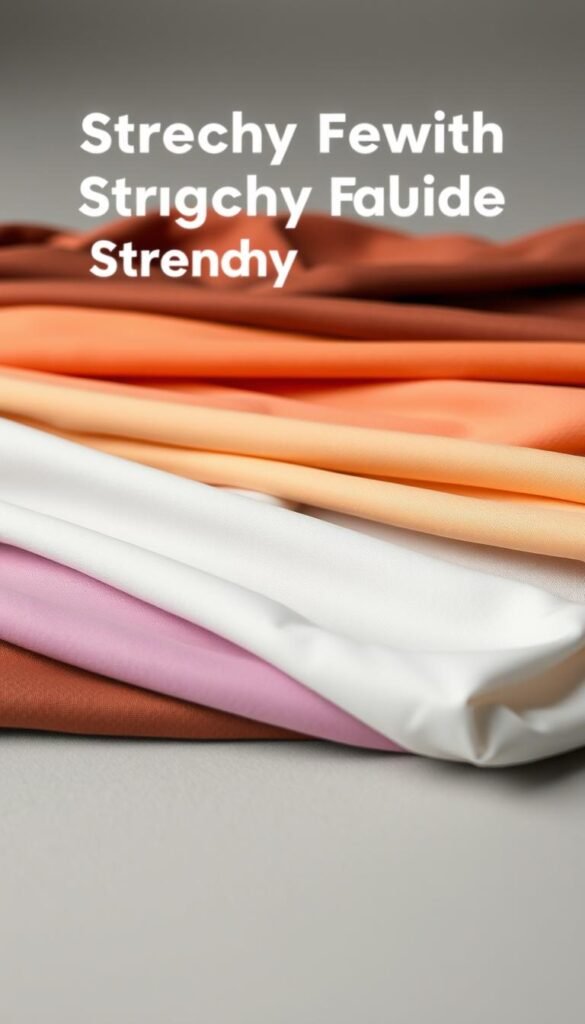 A close-up photograph of assorted stretchy fabrics in various colors and textures, including spandex, jersey, and lycra. The fabrics are arranged neatly and evenly lit, showcasing their flexibility and softness. The background is a clean, neutral gray or white to allow the fabrics to be the focal point. The lighting is soft and diffused, creating a warm, inviting atmosphere. The camera angle is slightly elevated to provide a bird's-eye view, emphasizing the tactile and visually appealing nature of the materials. The overall impression is one of high-quality, professional sewing supplies suitable for a beginner's guide to working with stretchy fabrics.