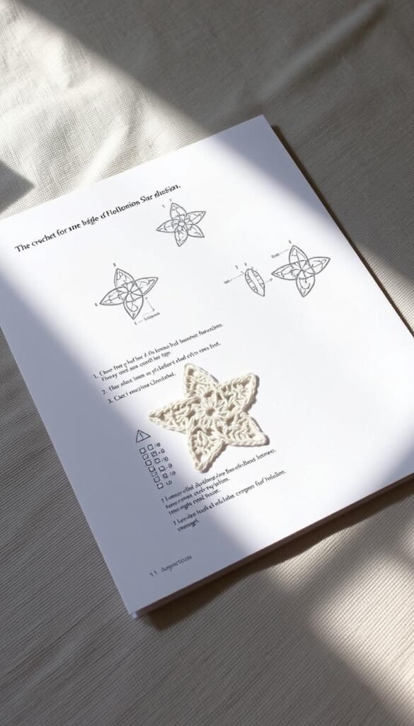 A close-up photograph of neatly arranged crochet instructions for a five-pointed star pattern. The instructions are displayed on a neutral-colored, textured surface, possibly linen or cotton. The focus is on the clear, step-by-step diagrams and written steps, showcasing the intricate technique required to create the classic crochet star stitch. Soft, diffused lighting from the side casts gentle shadows, emphasizing the three-dimensional nature of the yarn and stitches. The overall mood is one of simplicity, clarity, and the handcrafted charm of traditional crochet.