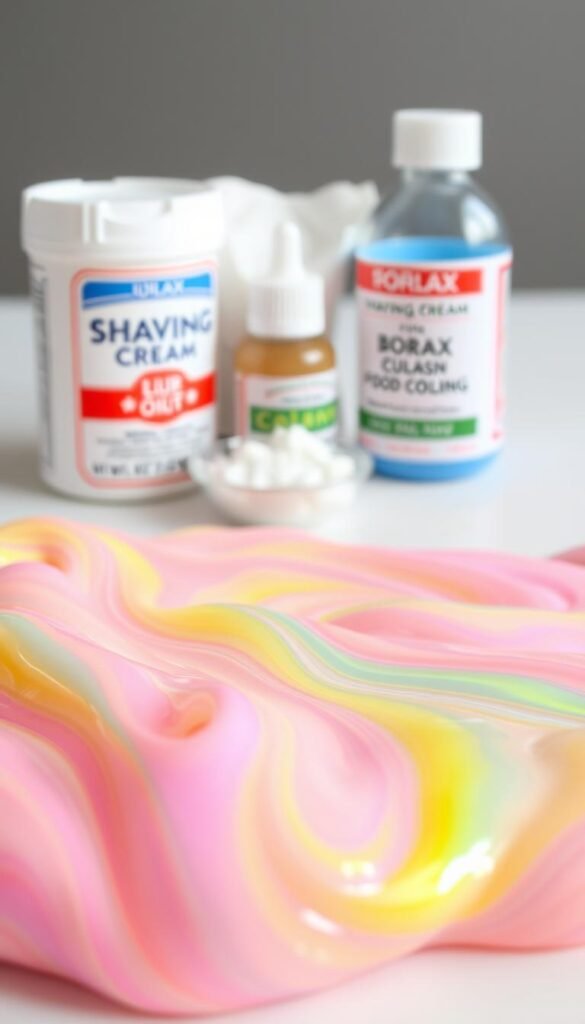 A close-up shot of a colorful and vibrant homemade slime recipe, without any visible glue. The slime mixture appears thick, glossy, and stretchy, with a captivating iridescent sheen. The foreground showcases the slime's mesmerizing texture, gently oozing and forming intricate patterns. In the middle ground, various household ingredients like shaving cream, borax, and food coloring are neatly arranged, hinting at the simple, glue-free nature of the recipe. The background is blurred, creating a clean and minimalist composition that emphasizes the slime's alluring tactile qualities. Soft, natural lighting accentuates the slime's translucent, jelly-like appearance, evoking a sense of wonder and playfulness.