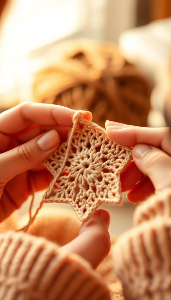 A close-up view of a person's hands carefully working on a crochet project, showcasing the intricate stitches and movements required to create a delicate star shape. The scene is illuminated by warm, natural lighting, accentuating the textures of the yarn and the focus on the task at hand. The background is softly blurred, creating a sense of depth and emphasizing the central crochet demonstration. The overall mood is one of concentration, creativity, and the joy of learning a new skill.