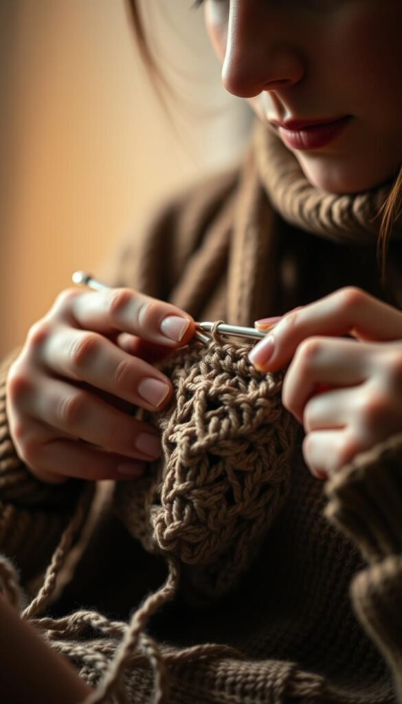 A close-up view of a person's hands intently focused on troubleshooting a crochet project. The hands are grasping a skein of yarn and a crochet hook, delicately examining a section of the work-in-progress. The background is blurred, keeping the attention on the task at hand. Soft, warm lighting illuminates the scene, casting gentle shadows that accentuate the textures of the yarn and the concentration on the crafter's face. The composition is tight, emphasizing the intricate details of the crochet stitches and the problem-solving process. An atmosphere of determination and problem-solving permeates the image.