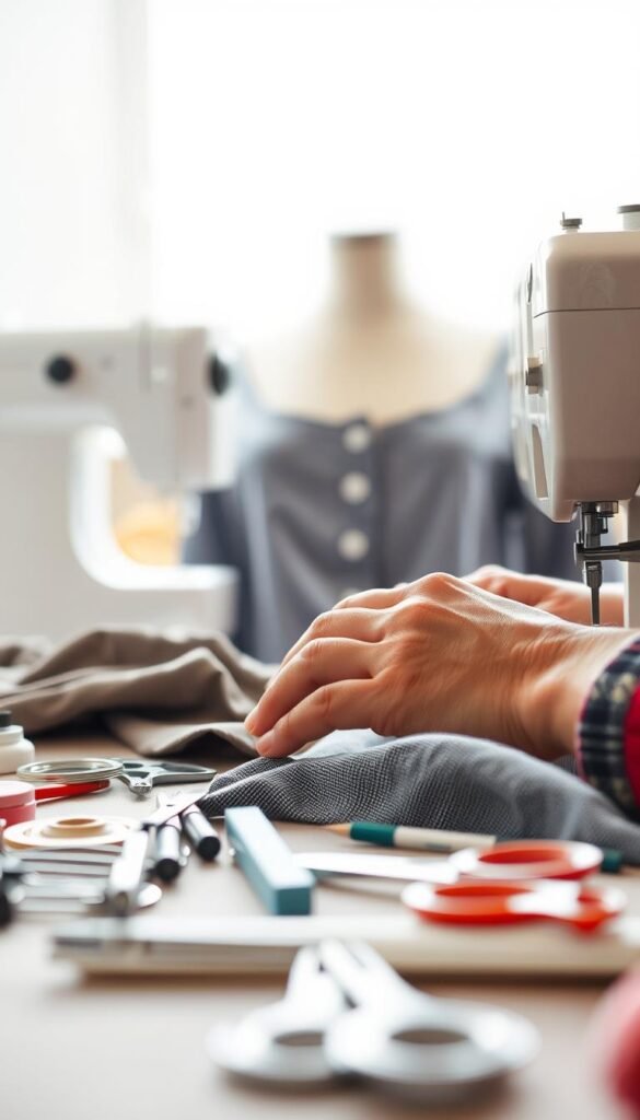 A close-up view of a seamstress's hands expertly manipulating a sewing machine, with a variety of sewing tools and materials neatly arranged in the foreground. In the middle ground, a partially sewn garment takes shape, showcasing different stitching techniques. The background features a bright, well-lit workspace, creating a sense of focus and attention to detail. The scene conveys a calming, meditative atmosphere, highlighting the precision and craftsmanship of fundamental sewing skills.