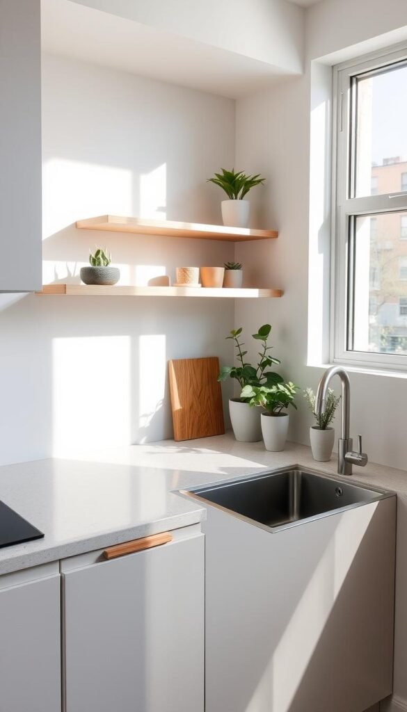 A compact, modern kitchen countertop with a sleek, minimalist design. The countertop is made of a smooth, grey quartz material that reflects the soft, natural lighting flooding the space. Subtle wood accents, such as a slim, linear floating shelf, add warmth and texture. The layout is efficient, with ample workspace and carefully curated decor, including a few potted plants, lending a fresh, tranquil ambiance. The countertop seamlessly integrates with the surrounding cabinetry, creating a cohesive, visually appealing aesthetic perfect for a small, urban kitchen.
