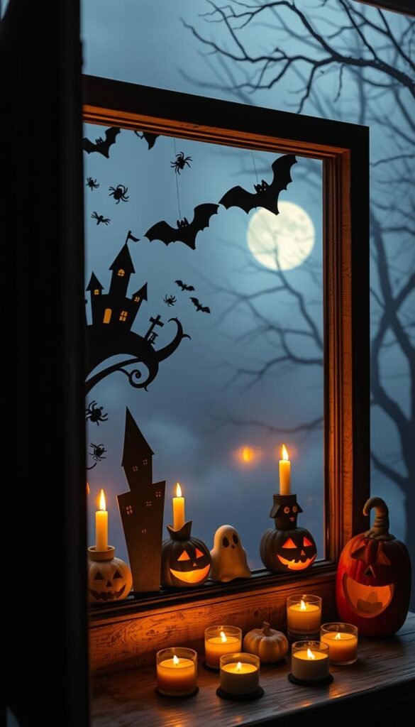 A cozy Halloween scene with a spooky, yet whimsical atmosphere. The foreground features an old, weathered window frame adorned with intricate paper-cut silhouettes of bats, spiders, and haunted house motifs. Flickering candles cast a warm, amber glow through the glass, creating a mesmerizing play of light and shadow. In the middle ground, an assortment of playful jack-o'-lanterns and ghostly tea light holders line the windowsill, their carved faces grinning mischievously. The background depicts a misty, moonlit night sky, with bare tree branches reaching up towards the heavens, adding to the eerie, enchanted mood. The lighting is soft and atmospheric, with a slightly muted color palette that evokes the nostalgic spirit of the season. A cozy Halloween scene with a spooky, yet whimsical atmosphere. The foreground features an old, weathered window frame adorned with intricate paper-cut silhouettes of bats, spiders, and haunted house motifs. Flickering candles cast a warm, amber glow through the glass, creating a mesmerizing play of light and shadow. In the middle ground, an assortment of playful jack-o'-lanterns and ghostly tea light holders line the windowsill, their carved faces grinning mischievously. The background depicts a misty, moonlit night sky, with bare tree branches reaching up towards the heavens, adding to the eerie, enchanted mood. The lighting is soft and atmospheric, with a slightly muted color palette that evokes the nostalgic spirit of the season.