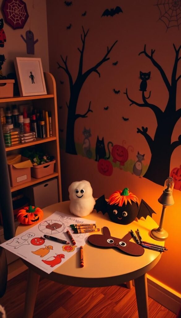 A cozy Halloween-themed craft corner for young hands, illuminated by warm, soft lighting. In the foreground, a small table displays a variety of simple, kid-friendly projects - colorful paper jack-o'-lanterns, ghostly cotton ball creatures, and a half-finished DIY felt mask. Pumpkin and bat stencils, crayons, and glue sticks are neatly organized, inviting little ones to get creative. The middle ground features shelves filled with more craft supplies - glitter, ribbons, googly eyes, and construction paper in autumn hues. In the background, a cheerful Halloween mural adds a playful ambiance, with friendly monsters, cats, and spiderwebs. The overall scene radiates a sense of whimsy and imagination, perfect for inspiring young artists. A cozy Halloween-themed craft corner for young hands, illuminated by warm, soft lighting. In the foreground, a small table displays a variety of simple, kid-friendly projects - colorful paper jack-o'-lanterns, ghostly cotton ball creatures, and a half-finished DIY felt mask. Pumpkin and bat stencils, crayons, and glue sticks are neatly organized, inviting little ones to get creative. The middle ground features shelves filled with more craft supplies - glitter, ribbons, googly eyes, and construction paper in autumn hues. In the background, a cheerful Halloween mural adds a playful ambiance, with friendly monsters, cats, and spiderwebs. The overall scene radiates a sense of whimsy and imagination, perfect for inspiring young artists.