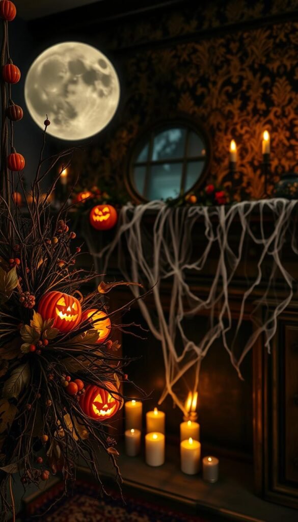 A cozy and enchanting Halloween-themed scene. In the foreground, a lavish wreath made of dried leaves, berries, and twisted branches, adorned with glowing jack-o'-lanterns and eerie candles. In the middle ground, a spooky garland of gnarled vines and wispy cobwebs drapes across a weathered wooden mantel, casting dynamic shadows. The background features a dimly lit room with ornate wallpaper, warm candlelight, and a haunting full moon visible through a large window. The overall mood is moody, mystical, and perfectly suited for the upcoming Halloween festivities. A cozy and enchanting Halloween-themed scene. In the foreground, a lavish wreath made of dried leaves, berries, and twisted branches, adorned with glowing jack-o'-lanterns and eerie candles. In the middle ground, a spooky garland of gnarled vines and wispy cobwebs drapes across a weathered wooden mantel, casting dynamic shadows. The background features a dimly lit room with ornate wallpaper, warm candlelight, and a haunting full moon visible through a large window. The overall mood is moody, mystical, and perfectly suited for the upcoming Halloween festivities.