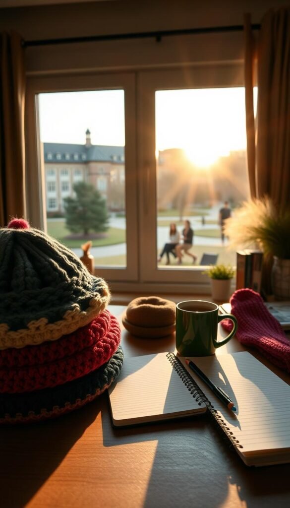 A cozy and inviting scene showcasing a variety of stylish crochet accessories for students. In the foreground, a stack of handmade, multi-colored beanies, scarves, and mittens sits atop a neatly organized desk, casting soft, warm shadows. In the middle ground, a college-ruled notebook, a mechanical pencil, and a mug of steaming tea create a study-ready composition. The background features a large window overlooking a scenic campus, with the sun's golden rays streaming in and illuminating the space. The overall mood is one of creativity, productivity, and the comforts of the back-to-school season.