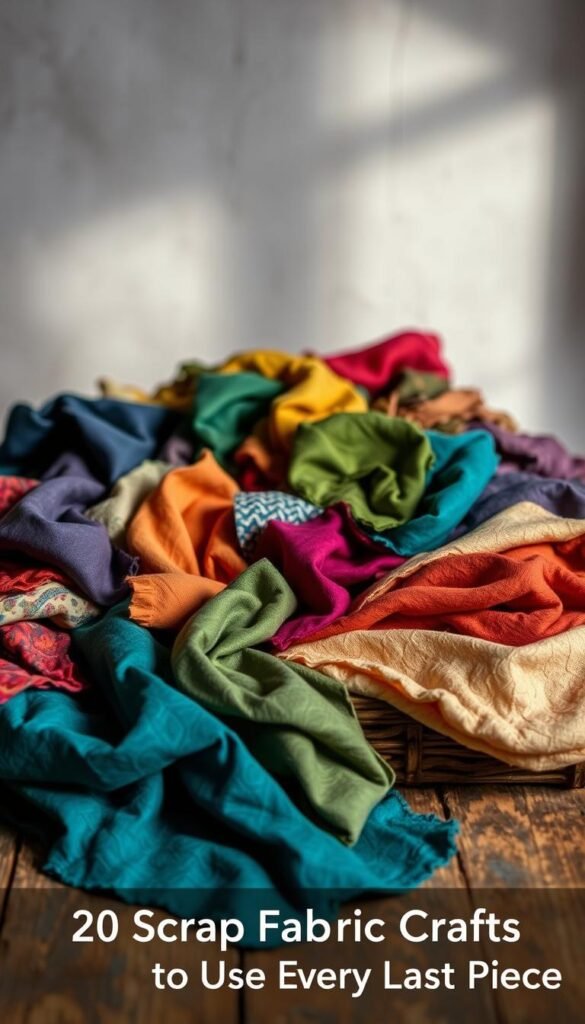 A cozy and inviting still life showcasing an assortment of vibrant fabric scraps, arranged with artful intent on a rustic wooden surface. The scraps, in a harmonious color palette of jewel-toned hues and warm neutrals, are draped and folded to create a captivating textural display. Soft, diffused lighting from above casts gentle shadows, highlighting the intricate patterns and weaves of the fabrics. The overall composition conveys a sense of creativity, craftsmanship, and the endless possibilities inherent in these repurposed materials. This scene serves as an inspirational visual for the "Decorative Home Accents" section of the article "20 Scrap Fabric Crafts to Use Every Last Piece."