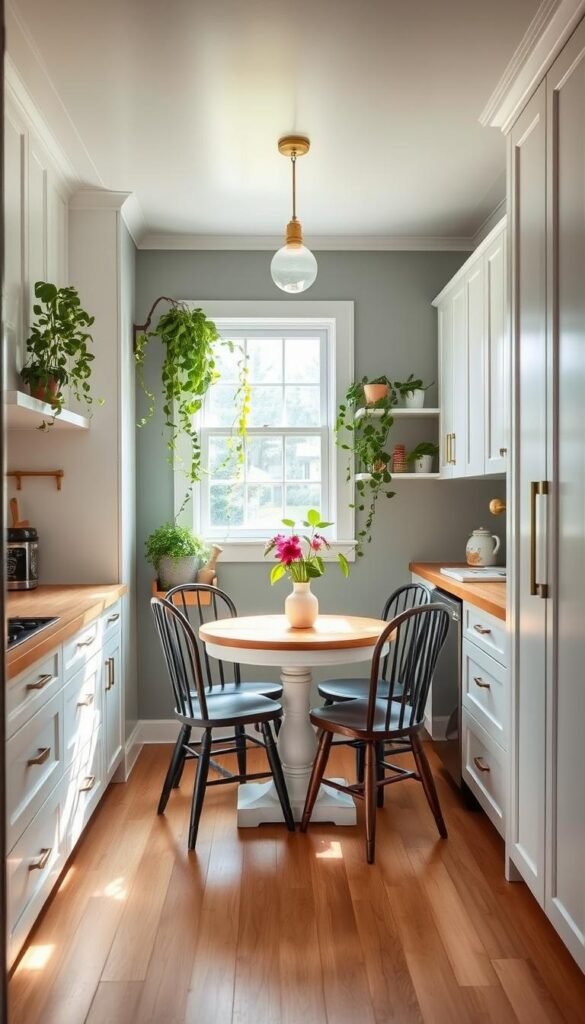 A cozy and inviting tiny kitchen, bathed in warm, natural light from a large window. The space is meticulously organized, with sleek, white cabinets and a minimalist, butcher block countertop. A small, round dining table sits in the center, surrounded by mismatched vintage chairs. Lush, trailing houseplants adorn the shelves, adding a touch of greenery. The walls are painted a soft, muted shade of blue, creating a calming atmosphere. Elegant brass hardware and a single, pendant light fixture add a touch of refinement to the budget-friendly makeover. The room is captured from a slightly elevated angle, showcasing the efficient use of space and the charming, homey details that make this tiny kitchen a dream.