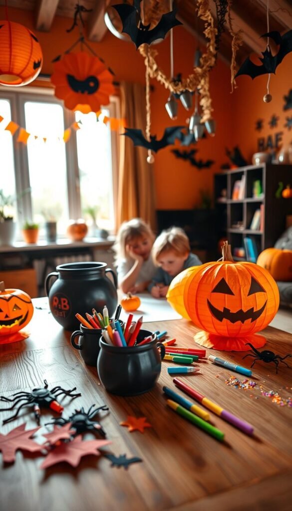 A cozy and well-lit home studio scene with a wooden table in the foreground, adorned with an array of vibrant Halloween crafts - jack-o'-lantern-shaped paper lanterns, spooky yet whimsical paper garlands, festive felt bats and spiders, and a small cauldron filled with colorful markers and glitter. In the middle ground, a pair of curious children's hands are engaged in creating their own unique Halloween masterpieces. The background features a warm, autumnal-toned wall with a large window, allowing natural light to fill the space and highlighting the creative, family-friendly atmosphere. The overall mood is one of playful imagination and seasonal delight. A cozy and well-lit home studio scene with a wooden table in the foreground, adorned with an array of vibrant Halloween crafts - jack-o'-lantern-shaped paper lanterns, spooky yet whimsical paper garlands, festive felt bats and spiders, and a small cauldron filled with colorful markers and glitter. In the middle ground, a pair of curious children's hands are engaged in creating their own unique Halloween masterpieces. The background features a warm, autumnal-toned wall with a large window, allowing natural light to fill the space and highlighting the creative, family-friendly atmosphere. The overall mood is one of playful imagination and seasonal delight.