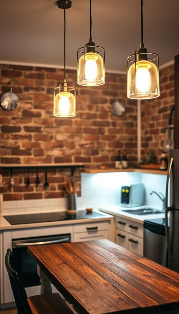A cozy and well-lit small kitchen, flooded with a warm glow from a trio of minimalist pendant lights suspended above a rustic wooden table. The lights, with their slender metal frames and frosted glass shades, cast a soft, ambient illumination that highlights the kitchen's clean lines and neutral color palette. The backlighting accentuates the texture of the exposed brick wall, adding depth and character to the space. Stainless steel appliances and a sleek, white subway tile backsplash reflect the light, creating a bright and inviting atmosphere. The overall effect is a harmonious blend of form and function, perfectly suited for a tiny, yet stylish kitchen.