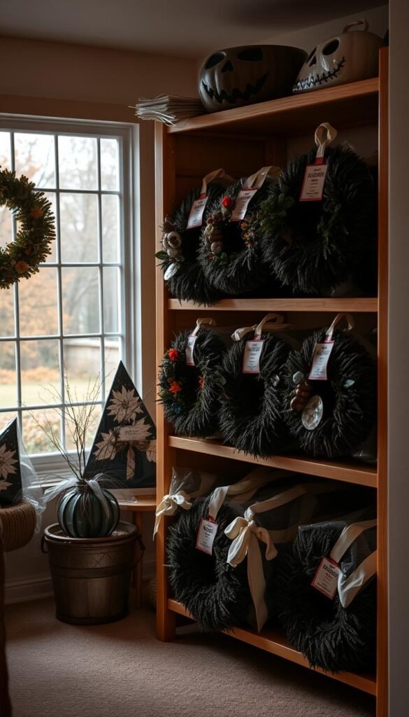 A cozy and well-organized storage space for Halloween wreaths. A wooden shelving unit stands in the foreground, its shelves neatly arranged with carefully wrapped and labeled wreaths, each in its own protective cover. Soft, warm lighting illuminates the scene, casting a comforting glow. In the background, a window offers a glimpse of the autumn landscape outside, hinting at the changing seasons. The overall atmosphere is one of order, care, and the anticipation of future festive displays. A cozy and well-organized storage space for Halloween wreaths. A wooden shelving unit stands in the foreground, its shelves neatly arranged with carefully wrapped and labeled wreaths, each in its own protective cover. Soft, warm lighting illuminates the scene, casting a comforting glow. In the background, a window offers a glimpse of the autumn landscape outside, hinting at the changing seasons. The overall atmosphere is one of order, care, and the anticipation of future festive displays.