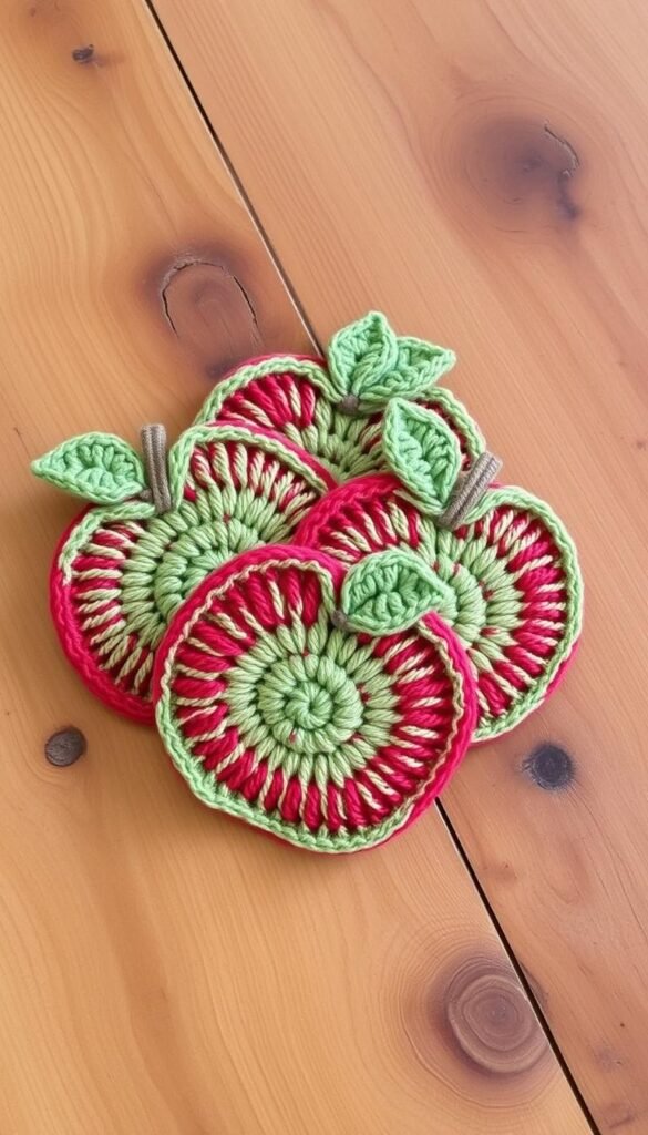 A cozy arrangement of crocheted apple-shaped coasters on a rustic wooden table, the natural grains and knots visible under soft, diffused lighting. The coasters, crafted with intricate stitches and vibrant red-and-green yarn, nestle together, their tactile textures and whimsical shapes inviting touch. A sense of homespun charm and thoughtful craftsmanship permeates the scene, as if these coasters were lovingly made by hand for a cherished teacher. The composition is balanced, the coasters positioned at pleasing angles, creating a visually appealing and harmonious display.