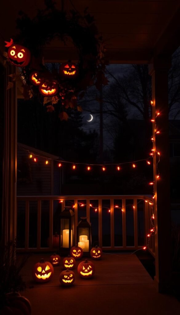 A cozy autumn night with a dimly lit porch, adorned with a cluster of carved jack-o'-lanterns casting a warm, flickering glow. The foreground features a wreath of dried leaves, twigs, and berries, hanging above a set of antique lanterns illuminating the steps. In the middle ground, a row of vibrant string lights cascades down the porch railing, casting a soft, festive ambiance. The background showcases a shadowy suburban neighborhood, with bare trees and a crescent moon peeking through wispy clouds, creating an eerie yet enchanting atmosphere. A cozy autumn night with a dimly lit porch, adorned with a cluster of carved jack-o'-lanterns casting a warm, flickering glow. The foreground features a wreath of dried leaves, twigs, and berries, hanging above a set of antique lanterns illuminating the steps. In the middle ground, a row of vibrant string lights cascades down the porch railing, casting a soft, festive ambiance. The background showcases a shadowy suburban neighborhood, with bare trees and a crescent moon peeking through wispy clouds, creating an eerie yet enchanting atmosphere.