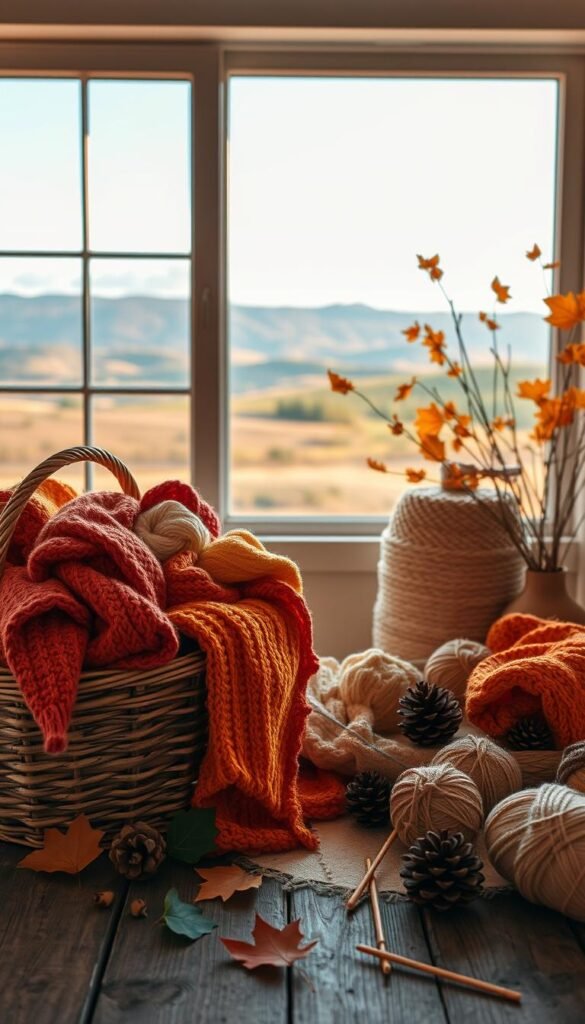 A cozy autumn scene of an assortment of seasonal crochet projects. In the foreground, a woven basket overflows with a vibrant array of handmade scarves, hats, and mittens in warm autumnal hues of orange, red, and mustard. In the middle ground, a pair of knitting needles and skeins of yarn rest on a rustic wooden table, surrounded by dried leaves and pinecones. The background features a window overlooking a scenic landscape of rolling hills and a cloudless azure sky, bathed in soft, golden late afternoon light. The overall atmosphere exudes a sense of homespun comfort and craftiness, perfectly capturing the essence of autumnal crochet projects.