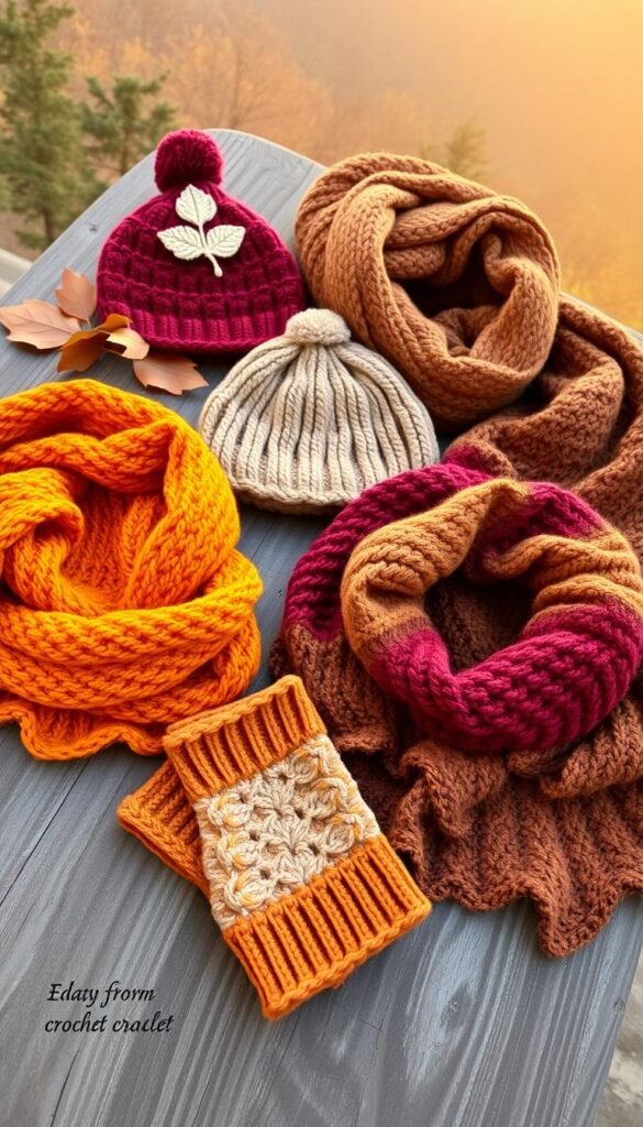 A cozy autumn scene with a variety of crocheted fall wearables laid out on a rustic wooden surface. In the foreground, a warm scarf in rich orange and mustard tones, a pair of cable-knit fingerless gloves, and a chunky infinity cowl in a deep burgundy shade. In the middle ground, a soft, earth-toned beanie with a delicate leaf motif and a stylish oversized shawl in a variegated brown and gold palette. The background features a hazy, golden-hour lighting, creating a serene, autumnal atmosphere. The arrangement is shot from a slight overhead angle, showcasing the intricate stitchwork and textures of the handmade crochet pieces.