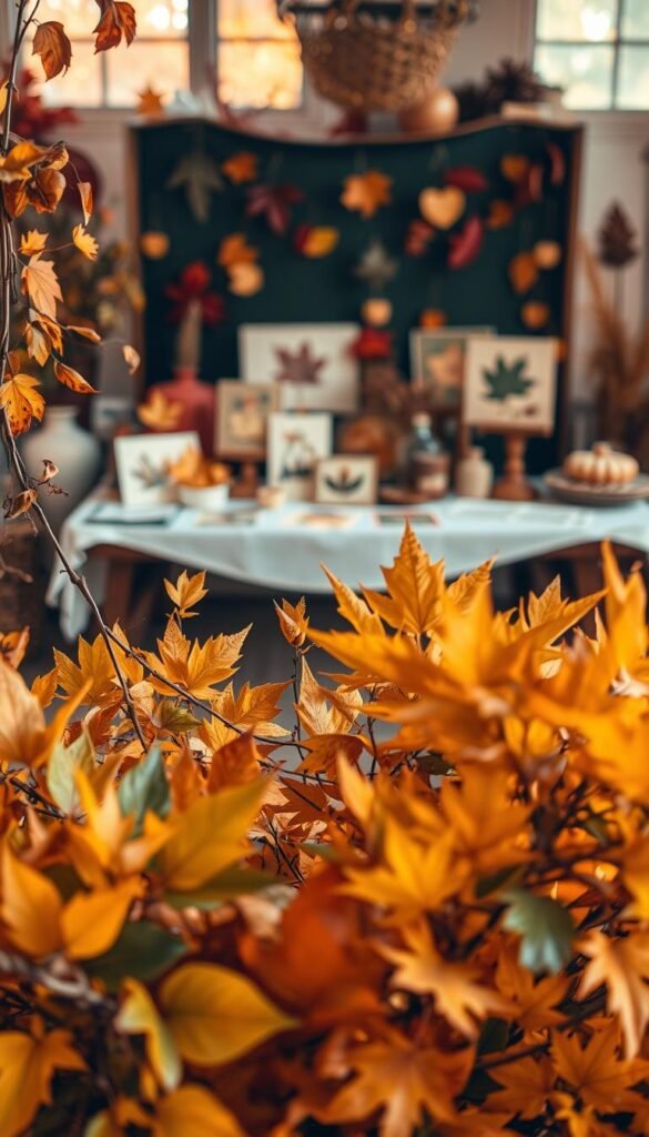 A cozy autumn scene with vibrant fall foliage in the foreground, showcasing various craft techniques and projects using dried leaves, twigs, and other natural materials. In the middle ground, a table display featuring a selection of autumn-themed DIY crafts, such as leaf-stamped greeting cards, pressed leaf artwork, and nature-inspired decor pieces. The background depicts a warm, softly lit interior space with hints of autumn colors through the windows, creating an inviting and inspirational atmosphere for the viewer. Subtle, natural lighting illuminates the scene, highlighting the intricate textures and hues of the organic materials. The overall composition conveys a sense of creativity, coziness, and the beauty of the autumn season.
