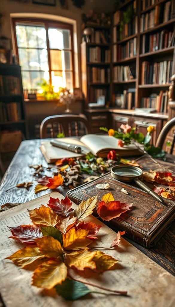 A cozy autumnal scene of a traditional leaf pressing activity. In the foreground, delicate leaves are carefully arranged between the pages of an antique leather-bound book, their vibrant hues preserved. The middle ground depicts a rustic wooden table, its surface adorned with fallen foliage, pressed flowers, and a vintage magnifying glass, evoking a sense of timeless craftsmanship. In the background, a warm, softly-lit interior showcases bookshelves overflowing with knowledge, hinting at the fusion of traditional techniques and modern exploration. Gentle natural light filters through a window, casting a golden glow and highlighting the timeless beauty of this age-old art form.