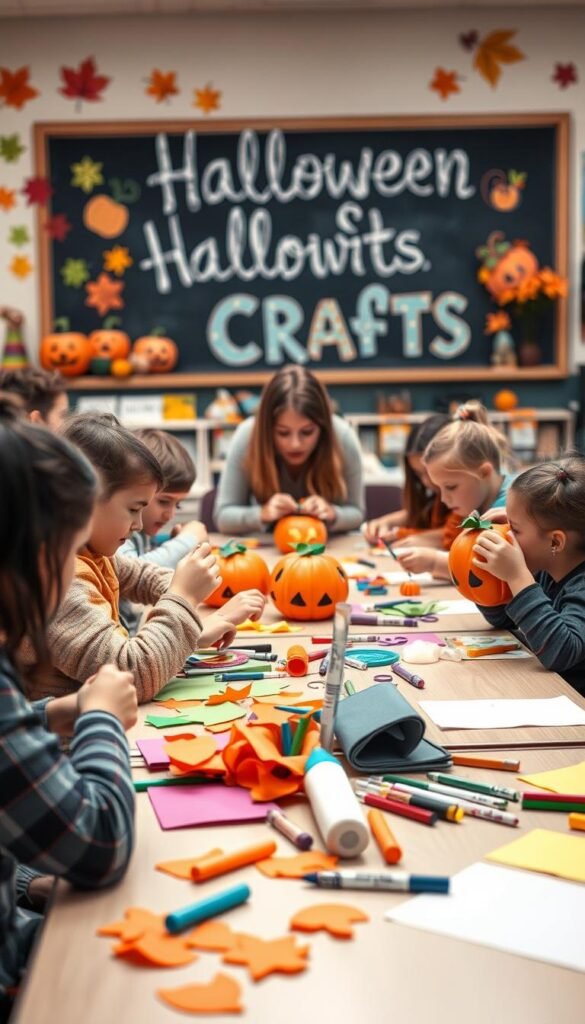 A cozy classroom scene with an array of colorful Halloween-themed craft supplies scattered on the desks - glue, scissors, construction paper, markers, and pumpkin-shaped foam pieces. In the foreground, a group of young students, their faces alight with concentration, carefully assembling their handmade decorations. The middle ground features a teacher guiding them, offering gentle encouragement. The background showcases cheerful fall-inspired wall decorations and a large chalkboard displaying "Halloween Crafts" in whimsical lettering. The lighting is warm and inviting, creating a sense of learning and creativity. A cozy classroom scene with an array of colorful Halloween-themed craft supplies scattered on the desks - glue, scissors, construction paper, markers, and pumpkin-shaped foam pieces. In the foreground, a group of young students, their faces alight with concentration, carefully assembling their handmade decorations. The middle ground features a teacher guiding them, offering gentle encouragement. The background showcases cheerful fall-inspired wall decorations and a large chalkboard displaying "Halloween Crafts" in whimsical lettering. The lighting is warm and inviting, creating a sense of learning and creativity.