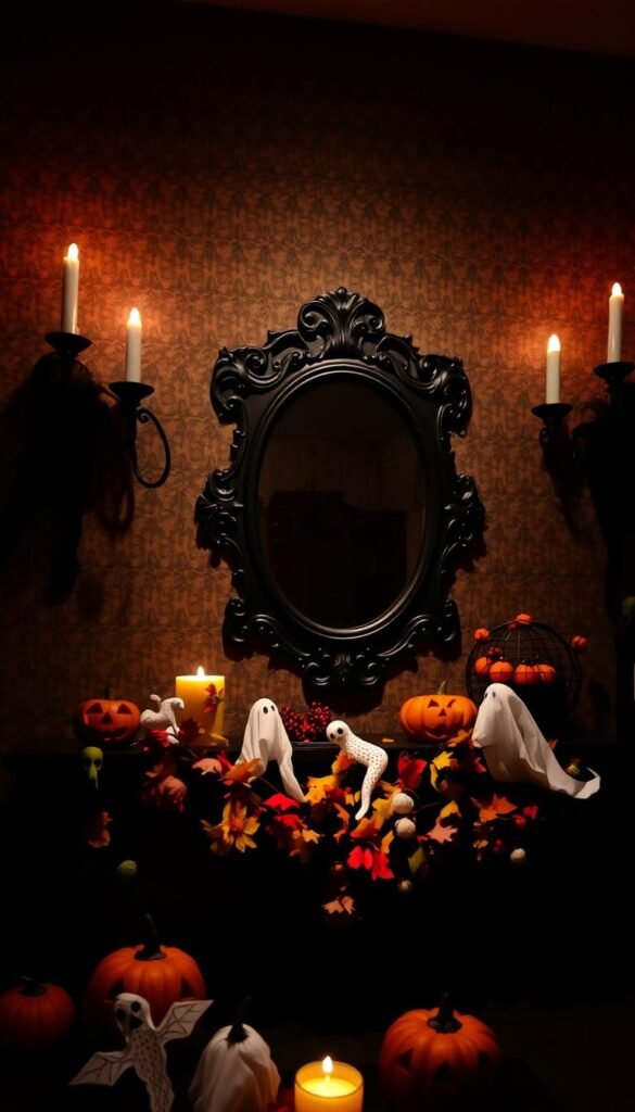 A cozy, dimly lit room with a spooky yet whimsical Halloween-themed wall display. In the foreground, an assortment of festive decorations including carved pumpkins, ghosts made of tissue paper, and a garland of colorful leaves and berries. In the middle ground, a large, ornate mirror with a black frame that casts a haunting reflection. The background features a textured, muted-toned wallpaper with a subtle pattern, creating a sense of depth and atmosphere. The lighting is soft and warm, with candles flickering in the corners, casting a gentle glow throughout the space. The overall mood is inviting, nostalgic, and perfect for setting the stage for a memorable Halloween celebration. A cozy, dimly lit room with a spooky yet whimsical Halloween-themed wall display. In the foreground, an assortment of festive decorations including carved pumpkins, ghosts made of tissue paper, and a garland of colorful leaves and berries. In the middle ground, a large, ornate mirror with a black frame that casts a haunting reflection. The background features a textured, muted-toned wallpaper with a subtle pattern, creating a sense of depth and atmosphere. The lighting is soft and warm, with candles flickering in the corners, casting a gentle glow throughout the space. The overall mood is inviting, nostalgic, and perfect for setting the stage for a memorable Halloween celebration.