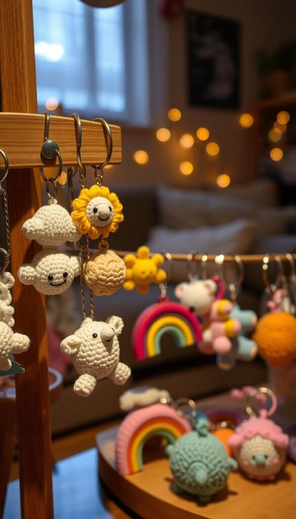 A cozy, dimly lit scene of handcrafted crochet keychains in a variety of whimsical shapes and colors. In the foreground, an assortment of tiny charms - a smiling cloud, a cheerful sun, a fluffy sheep, and a vibrant rainbow - dangle from a wooden display rack, their textures inviting the viewer to reach out and touch. The middle ground showcases a collection of keychains in pastel hues, each one a unique design that could be the perfect personalized accessory for a backpack or school bag. In the background, a soft, out-of-focus image of a cozy living room, with hints of warm lighting and cozy textiles, creating a comforting atmosphere. The overall mood is one of whimsy, creativity, and the joy of handmade crafts.
