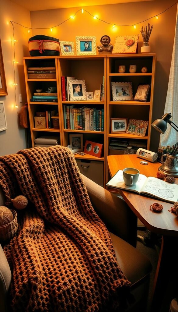 A cozy dorm room with a warm, inviting atmosphere. In the foreground, a tightly woven crochet blanket in earthy tones drapes over a plush armchair, its intricate stitches casting soft shadows. Beside it, a basket overflows with vibrant skeins of yarn and half-finished crochet projects. On the desk, a mug of steaming tea sits next to a sketchbook open to intricate crochet patterns. The middle ground features a neatly organized bookshelf, its shelves lined with crochet-adorned photo frames and decorative trinkets. In the background, string lights gently illuminate the space, casting a golden glow and creating a sense of tranquility. The overall scene conveys a cozy, personalized haven perfect for crafting and relaxation.