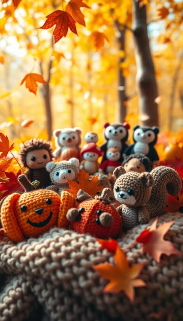 A cozy fall scene with a group of adorable amigurumi crochet creatures nestled among vibrant autumn foliage. In the foreground, a cheerful pumpkin, acorn, and squirrel figurines sit atop a plush, textured blanket. In the middle ground, a variety of fall-themed amigurumi characters - a hedgehog, owl, mushroom, and more - are arranged in a playful display. The background features a warm, golden-hued forest setting, with delicate leaves drifting softly through the air, illuminated by soft, diffused lighting. The overall mood is whimsical, charming, and quintessentially autumnal.