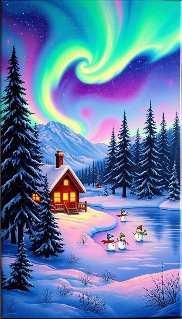 A cozy, holiday-themed canvas art piece featuring a charming winter landscape. In the foreground, a quaint, snow-covered cabin nestled among tall, pine trees, its warm, golden lights shining through the windows. In the middle ground, a frozen lake with a family of friendly snowmen ice skating, their colorful scarves and hats adding a playful touch. The background showcases a stunning, aurora borealis-lit sky, the vibrant, swirling hues of green, purple, and blue creating a mesmerizing, magical atmosphere. The overall scene is captured with a soft, dreamy lighting, as if viewed through a frost-covered lens, conveying a sense of peaceful, holiday tranquility.