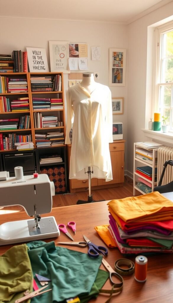 A cozy home studio with an inviting workspace, bathed in warm natural light filtering through large windows. In the foreground, a sewing machine and a pile of brightly colored fabrics, scissors, and spools of thread. Arranged neatly on a wooden table, various sewing accessories like needles, pins, and a tape measure hint at the projects in progress. In the middle ground, a mannequin stands proudly, partially dressed in a simple yet stylish garment, showcasing the results of a quick, satisfying sewing session. The background features shelves filled with sewing books, patterns, and inspirational mood boards, creating a sense of creativity and productivity. The overall scene exudes a relaxed, approachable atmosphere, perfect for beginner sewers looking to complete easy, time-saving projects.