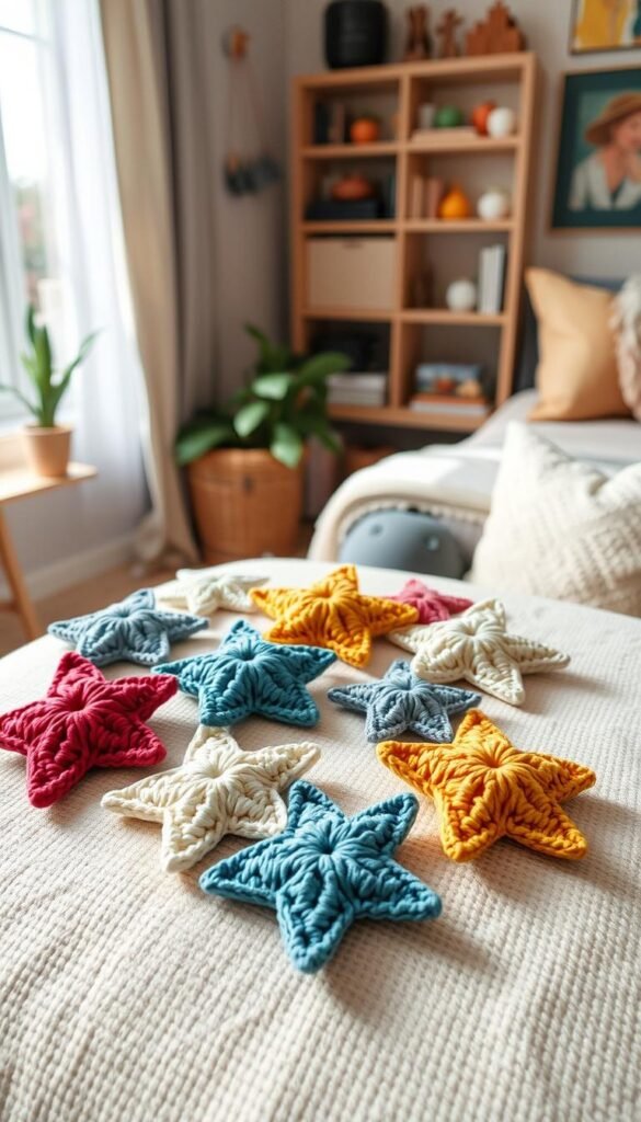 A cozy home studio with natural lighting, showcasing a series of handmade crochet stars in various sizes and colors, delicately arranged on a soft, textured surface. The stars are made from high-quality yarn, with intricate stitching and a dimensional, tactile quality. The overall composition highlights the versatility of these charming DIY crochet stars, inviting the viewer to imagine how they could be incorporated into a variety of creative projects, from home decor to fashion accessories.