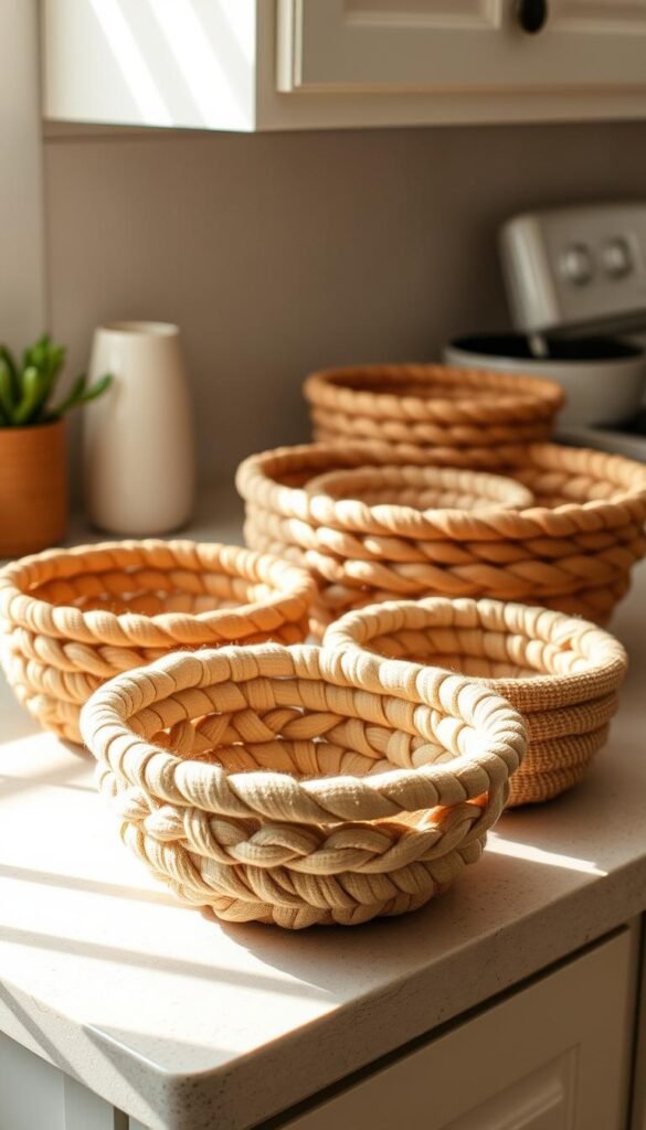 A cozy kitchen countertop with a collection of fabric rope bowls in warm, earthy tones. The bowls are handcrafted from repurposed scraps of cotton, linen, and burlap, each with a unique textural pattern. Soft, diffused lighting casts gentle shadows, highlighting the intricate weaving and the subtle variations in the fabric. The bowls are arranged in a visually appealing, slightly asymmetrical composition, conveying a sense of artisanal craftsmanship and a rustic, homespun aesthetic. The overall mood is one of warmth, simplicity, and a celebration of upcycled materials.