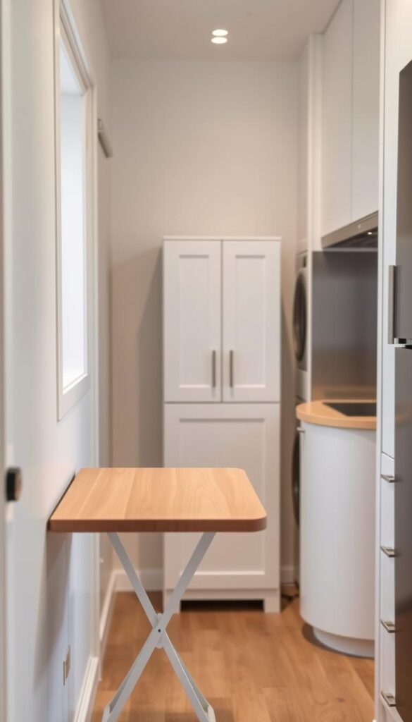 A cozy kitchen interior with space-saving furniture pieces in a minimalist, Scandinavian-inspired design. In the foreground, a narrow wall-mounted table with a sleek, wooden top and foldable legs, suitable for a tiny nook. In the middle ground, a compact, two-door cabinet with a neutral color palette and clean lines, offering hidden storage. The background features a small, rounded island with an integrated cooktop, maximizing the limited floor space. Soft, diffused lighting illuminates the scene, creating a warm and inviting atmosphere. The overall arrangement showcases clever, space-efficient solutions perfect for a compact kitchen layout.