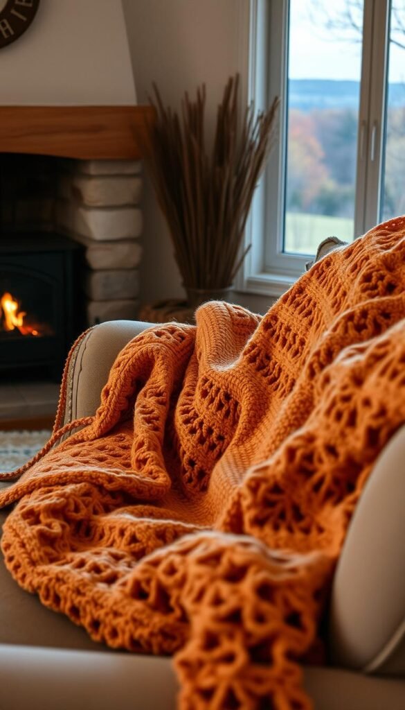 A cozy living room scene with plush, handmade crochet blankets in warm autumn hues draped over a comfortable sofa. The blankets feature intricate patterns and textures, invitingly beckoning for snuggling on a chilly evening. Soft, diffused lighting casts a gentle glow, creating an atmosphere of relaxation and contentment. In the background, a crackling fireplace casts flickering shadows, while the distant view through a window reveals a serene, autumnal landscape. The composition emphasizes the tactile, homey quality of the crochet work, conveying a sense of hygge and seasonal comfort.