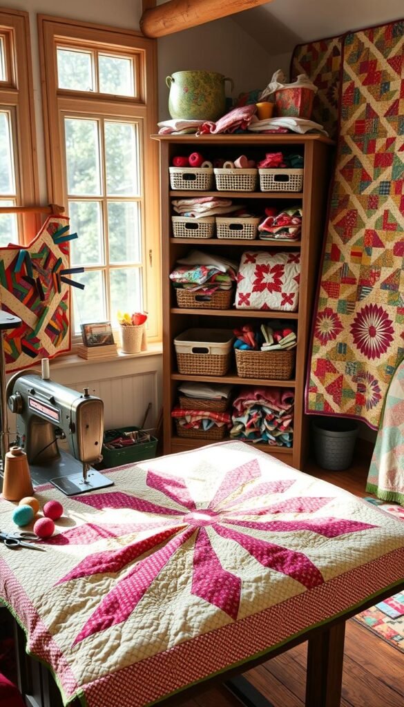 A cozy quilting studio filled with vibrant fabric scraps in an array of patterns and colors. In the foreground, a handcrafted quilt top in a traditional log cabin design lays partially completed on a vintage sewing machine. Spools of thread, scissors, and pincushions are neatly arranged nearby. The middle ground features a weathered wooden shelving unit displaying carefully organized bins and baskets overflowing with an assortment of textile remnants. Sunlight streams in through large windows, casting a warm, inviting glow over the scene. The background showcases a collection of handmade quilts in various stages, showcasing the creative process of transforming scraps into beautiful, functional works of art.