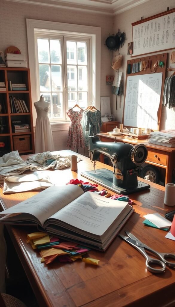 A cozy sewing studio filled with half-finished projects, spools of thread, and a vintage sewing machine on a sturdy wooden table. In the foreground, a pattern-making book lies open, surrounded by colorful fabric scraps and a pair of sharp scissors. Through a large window, sunlight streams in, casting a warm glow on the scene. In the background, a design inspiration board showcases sketches, swatches, and sewing notions, hinting at the creative process behind these intermediate-level garments. The overall atmosphere is one of focused, methodical craftsmanship, inviting the viewer to imagine themselves taking their sewing skills to the next level.