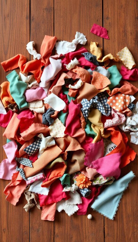 A cozy still life of a scattered array of colorful fabric scraps, haphazardly strewn across a rustic wooden surface. The scraps range in texture and pattern, from smooth satin to rough burlap, and from bold geometric prints to delicate floral motifs. Warm, soft lighting casts a gentle glow, highlighting the nuanced shades and subtle textures of the fabrics. The composition is artfully arranged, with the scraps cascading in a visually pleasing, organic manner, as if recently unearthed from a creative crafting session. The overall mood is one of warmth, creativity, and the inspiration to be found in the smallest of sewing remnants. A cozy still life of a scattered array of colorful fabric scraps, haphazardly strewn across a rustic wooden surface. The scraps range in texture and pattern, from smooth satin to rough burlap, and from bold geometric prints to delicate floral motifs. Warm, soft lighting casts a gentle glow, highlighting the nuanced shades and subtle textures of the fabrics. The composition is artfully arranged, with the scraps cascading in a visually pleasing, organic manner, as if recently unearthed from a creative crafting session. The overall mood is one of warmth, creativity, and the inspiration to be found in the smallest of sewing remnants.