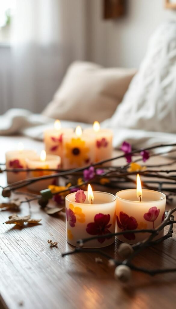 A cozy still life of pressed flower candles, their delicate petals preserved in wax, casting a warm glow on a wooden surface. In the foreground, a cluster of candles in varying shades of pink, yellow, and purple, their flickering flames illuminating the intricate floral designs. In the middle ground, a scattering of dried leaves and twigs add a natural, earthy element. The background is softly blurred, suggesting a serene, intimate setting, perhaps a cozy bedroom or living room. The lighting is soft and diffused, creating a dreamy, romantic atmosphere, perfect for setting the mood for a cozy night in.