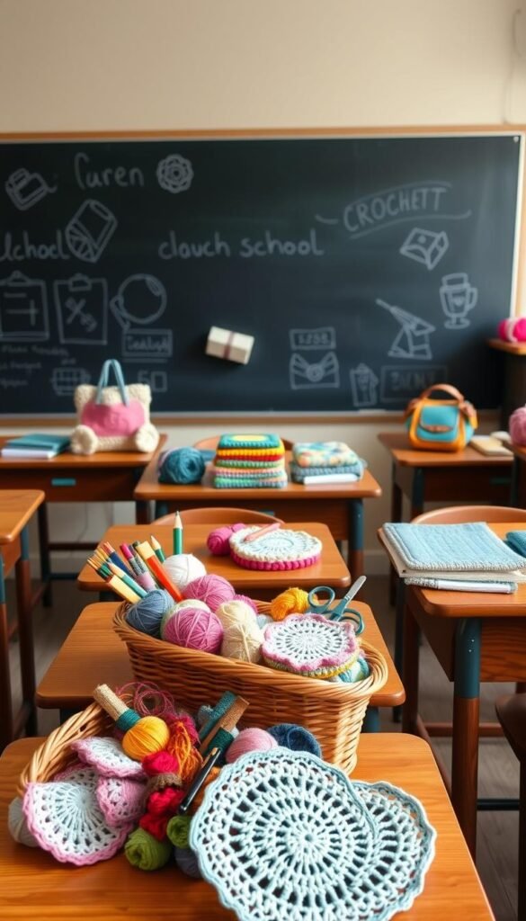 A cozy, well-lit classroom filled with neatly arranged crochet supplies on wooden desks. In the foreground, a basket overflows with colorful yarn skeins, crochet hooks, and scissors. In the middle ground, a stack of handmade crochet coasters, pencil cases, and lunch bags adorn the desks. The background showcases a chalkboard wall with a playful, crochet-themed design. Soft, directional lighting casts a warm glow, creating a inviting, creative atmosphere perfect for a crochet-themed school setting.