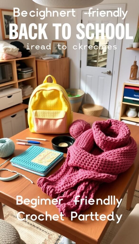 A cozy, well-lit home studio filled with a variety of beginner-friendly crochet projects for back to school - a cheerful, pastel-colored backpack, a colorful phone case, a warm and fuzzy scarf, and a stylish headband or hair accessory. The items are neatly arranged on a wooden table, with skeins of yarn, hooks, and other crochet supplies nearby, creating a relaxed, crafty atmosphere. The lighting is soft and flattering, highlighting the intricate textures and patterns of the handmade pieces. The overall scene conveys a sense of simplicity, creativity, and the joy of learning a new skill.