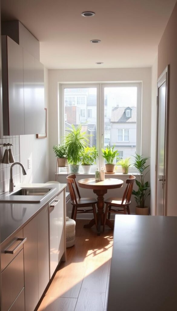 A cozy, well-lit kitchen with a minimalist, modern design. In the foreground, a compact yet efficient countertop space with sleek, white cabinets and a small sink. In the middle ground, a charming dining nook with a rustic wooden table and two chairs, bathed in soft, natural light. The background features a bright, airy window overlooking a lush, green urban garden. The overall atmosphere is one of tranquility and inspiration, showcasing how small spaces can be transformed into functional and beautiful living environments.