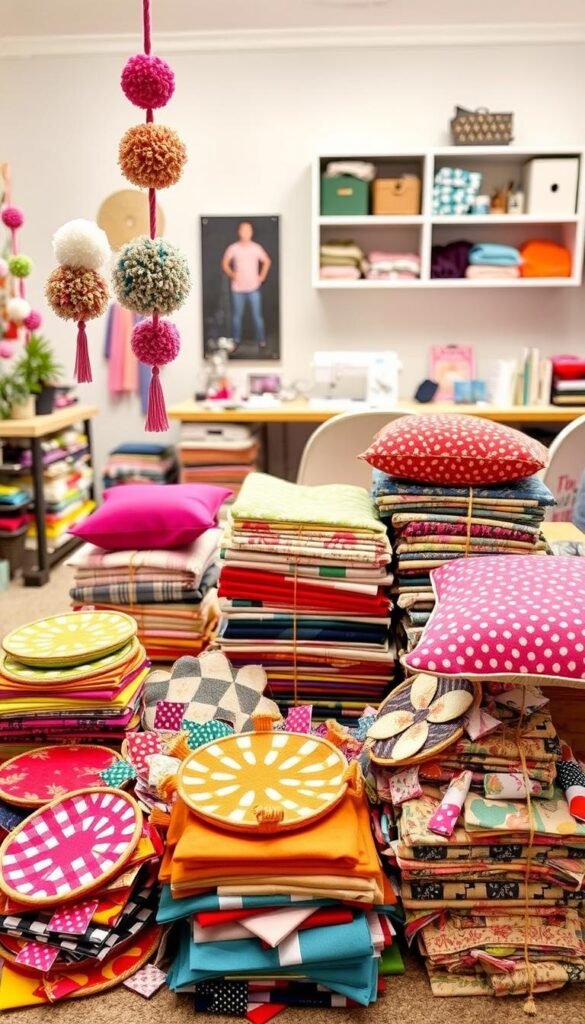 A cozy, well-lit studio setting featuring an assortment of colorful fabric scraps arranged in a visually appealing composition. In the foreground, various handcrafted fabric items like pom-pom garlands, scrap fabric coasters, and no-sew tasseled pillows are showcased. The middle ground contains neatly organized piles of assorted fabrics in a variety of patterns, textures, and hues. The background depicts a clean, minimalist workspace with shelves displaying additional sewing and crafting supplies. The overall scene conveys a sense of creativity, DIY inspiration, and the ability to transform even the smallest fabric remnants into unique and practical creations.