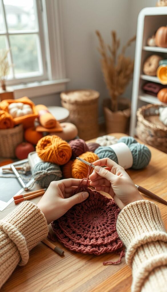 A cozy, well-lit studio setting with an array of colorful, soft yarn skeins and crochet hooks neatly arranged on a wooden table. In the foreground, a pair of hands skillfully working on a simple yet stylish fall-themed crochet project, such as a scarf, hat, or coaster. The background features a soothing, out-of-focus scene with a window providing natural lighting and a sense of tranquility. The overall mood is warm, inviting, and encouraging, inspiring viewers to pick up their own crochet needles and create something beautiful.
