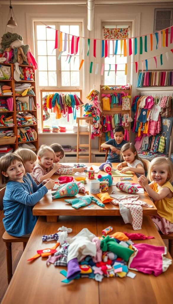 A cozy, well-lit studio space with a wooden table and shelves filled with vibrant, repurposed fabric scraps, ribbons, and sewing supplies. In the foreground, a group of cheerful children sit around the table, carefully cutting, stitching, and gluing various fabric pieces into whimsical creations, like plush animals, pouches, and banners. Warm, natural lighting filters through large windows, casting a soft, inviting glow on the scene. The background features a display of finished projects, showcasing the creativity and imagination of the young crafters. The overall atmosphere is one of exploration, discovery, and pure joy in the process of transforming recycled materials into unique, personalized works of art. A cozy, well-lit studio space with a wooden table and shelves filled with vibrant, repurposed fabric scraps, ribbons, and sewing supplies. In the foreground, a group of cheerful children sit around the table, carefully cutting, stitching, and gluing various fabric pieces into whimsical creations, like plush animals, pouches, and banners. Warm, natural lighting filters through large windows, casting a soft, inviting glow on the scene. The background features a display of finished projects, showcasing the creativity and imagination of the young crafters. The overall atmosphere is one of exploration, discovery, and pure joy in the process of transforming recycled materials into unique, personalized works of art.