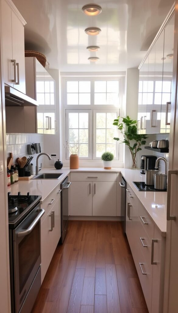 A cozy, well-organized tiny kitchen with gleaming white cabinets, sleek stainless steel appliances, and minimalist decor. The foreground features a neatly arranged array of spice jars, utensil holders, and small appliances on the countertop, creating a sense of efficient storage and tidiness. The middle ground showcases a compact yet functional layout, with a slim island or breakfast bar serving as a multifunctional workspace. The background reveals a bright, airy room with natural light streaming in through large windows, casting a warm, inviting glow. The overall atmosphere is one of streamlined organization, maximizing the limited space with clever, space-saving solutions.