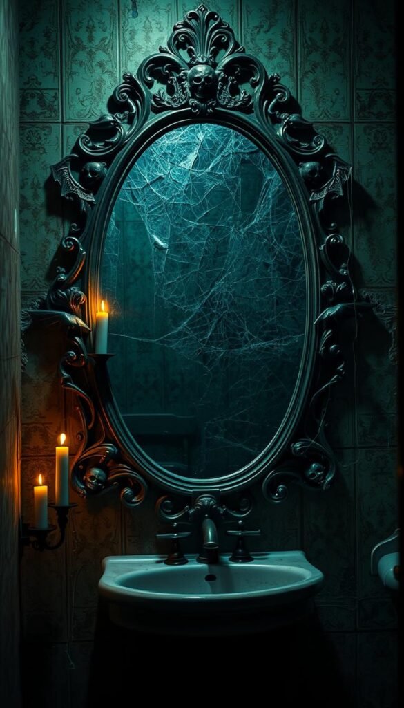 A creepy, dimly-lit bathroom with an ornate, antique-style mirror on the wall. The mirror's surface is tarnished and cracked, casting an eerie reflection. Candles flicker around the mirror, creating a soft, flickering glow. The walls are covered in peeling, moldy wallpaper, adding to the unsettling atmosphere. Cobwebs cling to the corners, and the room has an overall sense of decay and abandonment. The mirror's frame is intricately carved with macabre, Halloween-themed designs, such as bats, spiderwebs, and skulls. The lighting is low and moody, with shadows casting dramatic shapes across the room. The overall scene evokes a sense of unease and the supernatural. A creepy, dimly-lit bathroom with an ornate, antique-style mirror on the wall. The mirror's surface is tarnished and cracked, casting an eerie reflection. Candles flicker around the mirror, creating a soft, flickering glow. The walls are covered in peeling, moldy wallpaper, adding to the unsettling atmosphere. Cobwebs cling to the corners, and the room has an overall sense of decay and abandonment. The mirror's frame is intricately carved with macabre, Halloween-themed designs, such as bats, spiderwebs, and skulls. The lighting is low and moody, with shadows casting dramatic shapes across the room. The overall scene evokes a sense of unease and the supernatural.