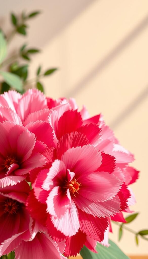 A delicate arrangement of paper flowers, meticulously crafted using the fringe technique. The foreground features a cluster of vibrant, lifelike petals in shades of pink, red, and white, their edges gently curled and textured. The middle ground showcases the intricate fringes and layers that give the flowers their realistic depth and dimension. In the background, a soft, blurred scene of natural elements, such as greenery or a neutral backdrop, provides a serene and minimalist setting. Warm, directional lighting casts subtle shadows, accentuating the tactile quality of the paper. The overall composition conveys a sense of delicacy, craftsmanship, and the beauty of handmade floral creations.