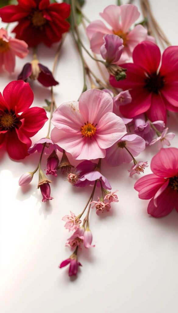 A delicate arrangement of pressed flowers, meticulously preserved and showcased on a white backdrop. Vibrant petals in a kaleidoscope of colors, including vibrant reds, soft pinks, and delicate lavenders, arranged in a harmonious composition. The lighting is soft and diffused, casting a warm, natural glow that enhances the organic beauty of the flowers. The image is captured at a medium close-up angle, allowing the viewer to appreciate the intricate details and textures of the pressed blooms. The overall mood is one of tranquility and timeless elegance, perfectly suited to illustrate the "Pressed Flower Crafts" section of the article.