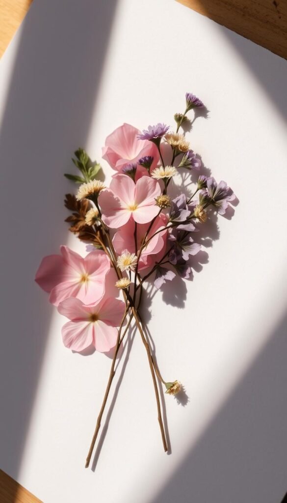 A delicate arrangement of pressed flowers on handmade paper, bathed in soft, natural lighting. The petals, in muted hues of pink, lavender, and sage, are carefully layered and intertwined, creating a serene and textural composition. The paper's surface has a subtle, tactile quality, with visible deckle edges and a slight sheen, adding to the overall sense of craft and artistry. The image is framed from a slightly elevated angle, emphasizing the intricate details and the quiet beauty of this nature-inspired paper craft.