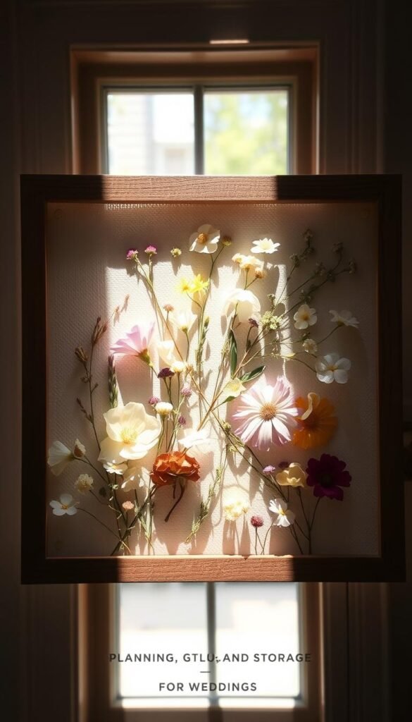 A delicate arrangement of pressed wildflowers, meticulously preserved and displayed in a rustic wooden frame. The petals, in a myriad of soft pastel hues, are gently pressed against a textured background, casting gentle shadows that create depth and dimension. Sunlight filters in from a window, illuminating the scene with a warm, natural glow, highlighting the intricate details and fragile beauty of the flowers. The overall composition evokes a sense of tranquility and timeless elegance, perfectly suited for a section on "Planning, Sourcing, and Storage" in an article about DIY pressed flower crafts for weddings.