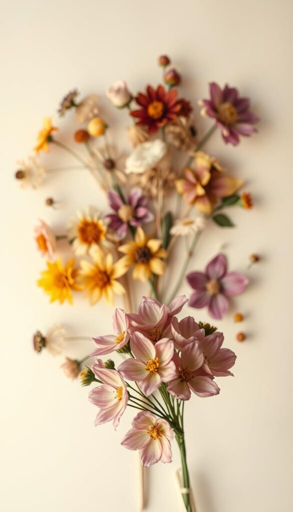 A delicate assembly of pressed flowers arranged artfully against a soft, muted background. The foreground features an elegant bouquet of vibrant blooms, their petals gently flattened and preserved, arranged in a visually striking composition. The middle ground showcases additional pressed flowers, their organic forms and natural hues creating a harmonious tapestry. The background subtly fades into a serene, ethereal atmosphere, allowing the beauty of the pressed flowers to take center stage. Warm, diffused lighting casts a gentle glow, highlighting the intricate textures and rich, muted tones of the delicate specimens. Captured with a shallow depth of field, the image conveys a sense of artistic refinement and professional craftsmanship.